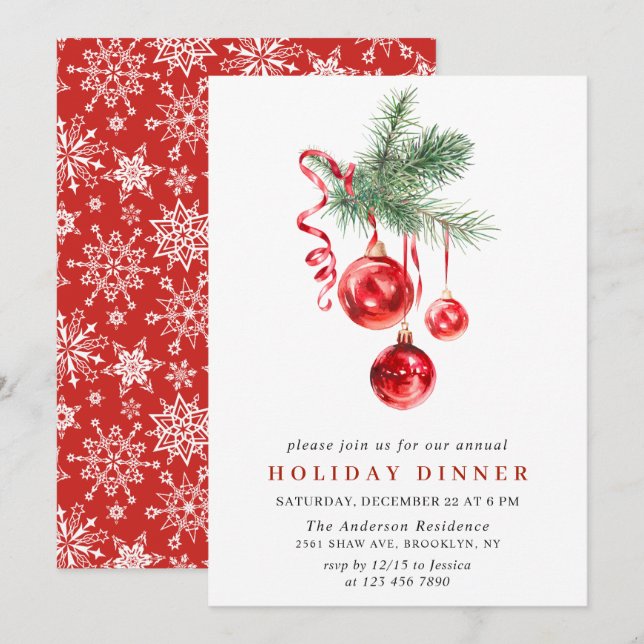 Invitation Aquarelle ornement NOËL DÎNER DE VACANCES (Devant / Derrière)