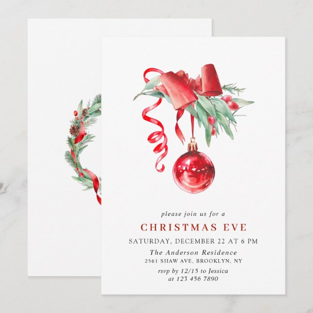 Invitation Aquarelle Ornement Noël Soirée Fête de Noël (Devant / Derrière)