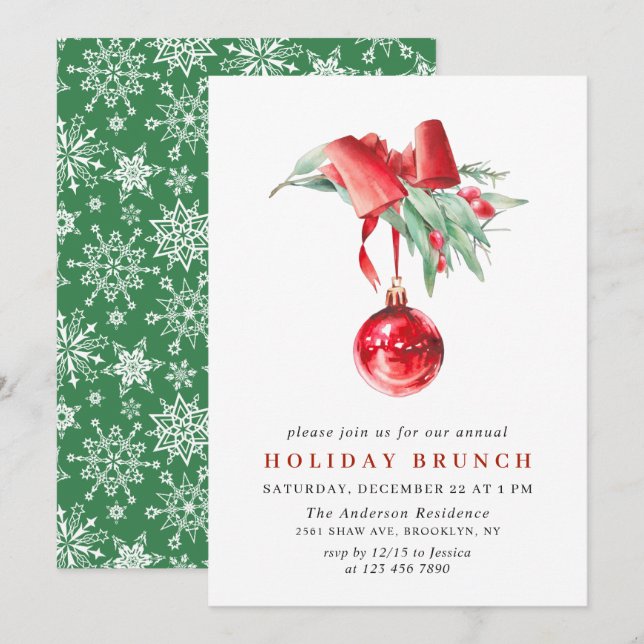 Invitation Aquarelle Ornement NOËL VACANCES BRUNCH (Devant / Derrière)