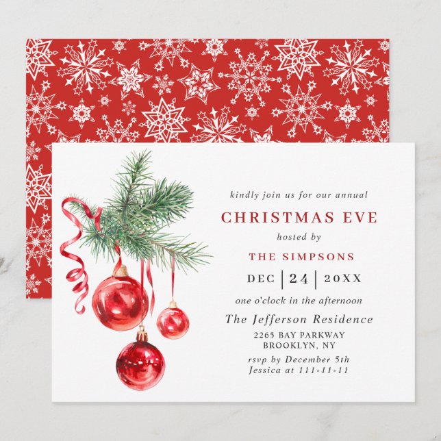 Invitation Aquarelle Ornement Vacances NOËL EVE (Devant / Derrière)