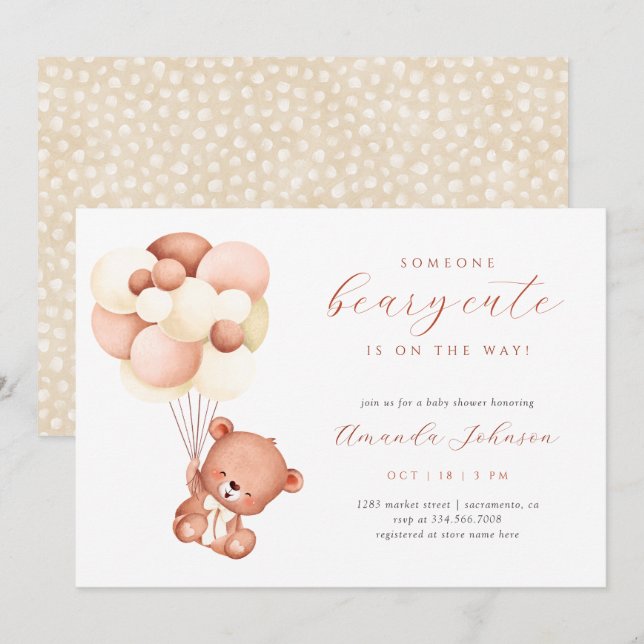 Invitation Aquarelle Ours & Ballons Béary Baby shower mou (Devant / Derrière)
