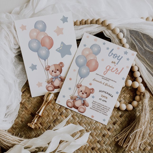 Invitation Aquarelle Ours bleu rose Ballons Sexe Révélation (Créateur téléchargé)