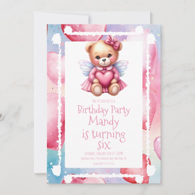 Invitation Aquarelle Ours Coeur Motif fête d'anniversaire (Devant)