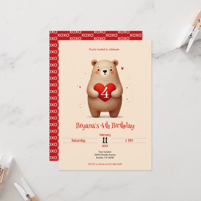 Invitation Aquarelle Ours Coeur rouge xoxo Saint Valentin Ann (Devant/Arrière en situation)