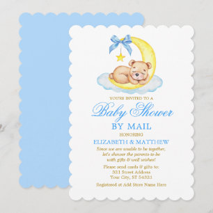 Invitation Aquarelle Ours Lune Bleu Douche Or par Mail