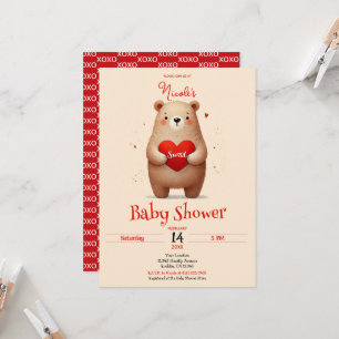 Invitation Aquarelle Ours Rouge Coeur Saint-Valentin Baby sho