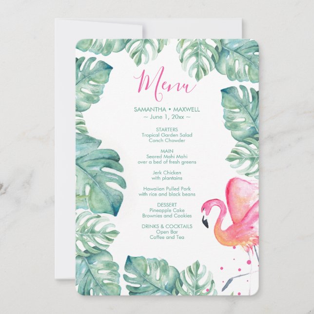 Invitation Aquarelle Palm Feuille Flamant rose rose Tropical  (Devant)