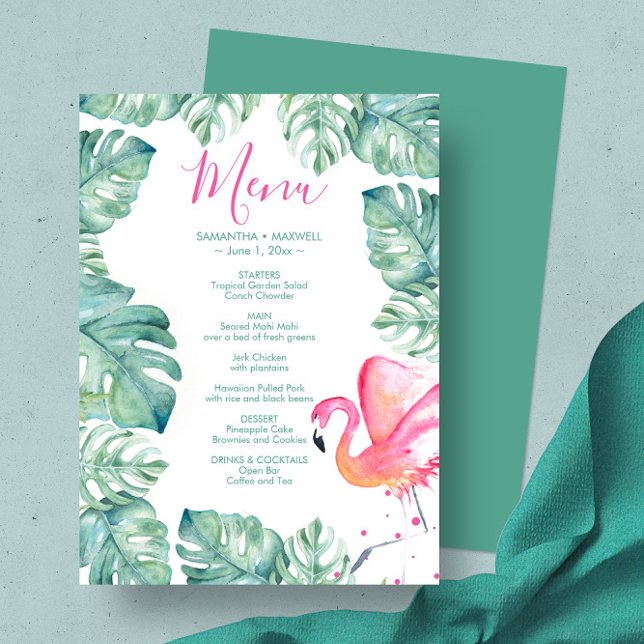 Invitation Aquarelle Palm Feuille Flamant rose rose Tropical  (Birthday menu tropical pink flamingo palm leaves art by Victoria Grigaliunas of Do Tell A Belle)