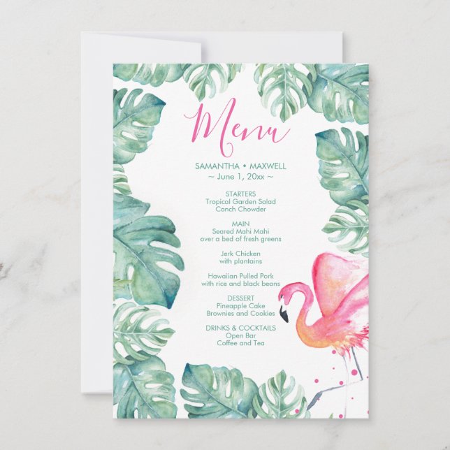 Invitation Aquarelle Palm Feuille Flamant rose rose Tropical  (Devant)