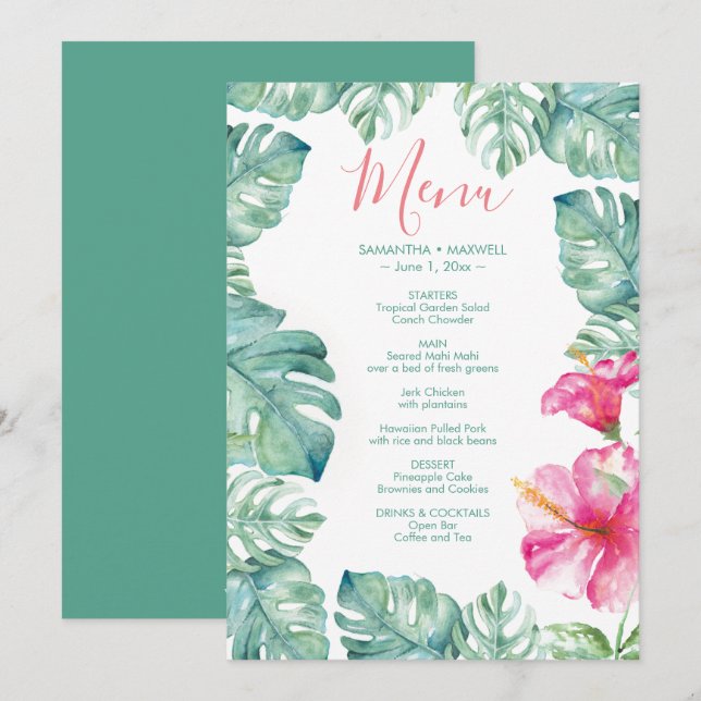 Invitation Aquarelle Palm Feuille Pink Hibiscus Tropus Menu (Devant / Derrière)