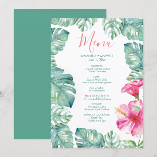 Invitation Aquarelle Palm Feuille Pink Hibiscus Tropus Menu