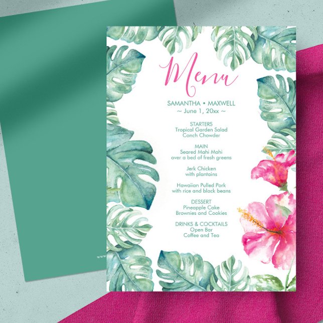 Invitation Aquarelle Palm Feuille Pink Hibiscus Tropus Menu (menu card tropical vibrant pink hibiscus flowers monstera palm leaves. )