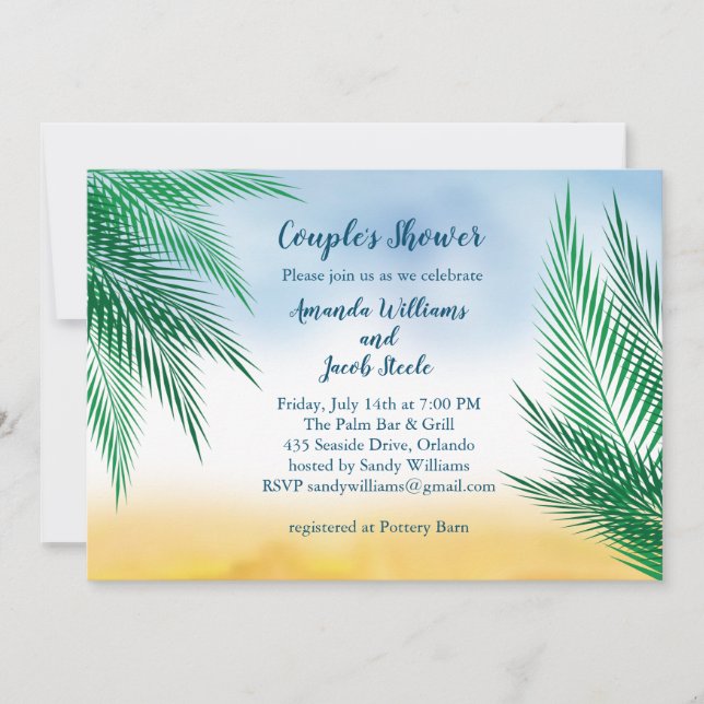 Invitation Aquarelle Palm Feuilles Couple's Shower (Devant)