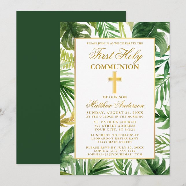 Invitation Aquarelle Palm Feuilles Première Sainte Communion  (Devant / Derrière)