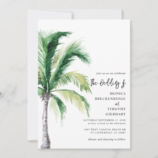 Invitation Aquarelle Palm Tree Script Destination Mariage (Devant)