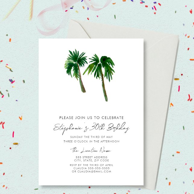 Invitation Aquarelle Palmiers tropicaux Anniversaire (Créateur téléchargé)