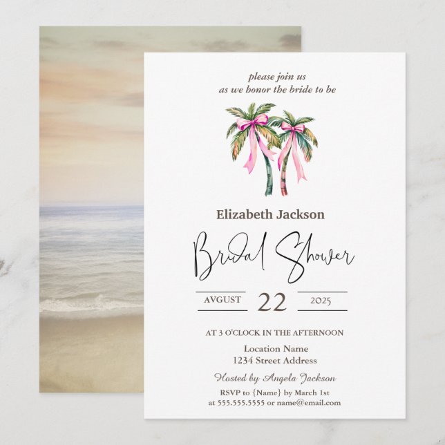 Invitation Aquarelle Palms Pink Bow Beach Fête des mariées (Devant / Derrière)