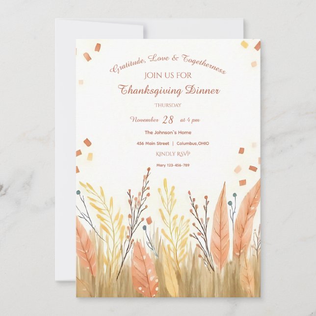 Invitation Aquarelle Pampas Grass & Russe Boho Thanksgiving (Devant)