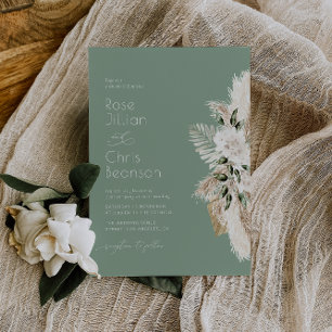 Invitation Aquarelle pampas mariage vert sauge fleurie