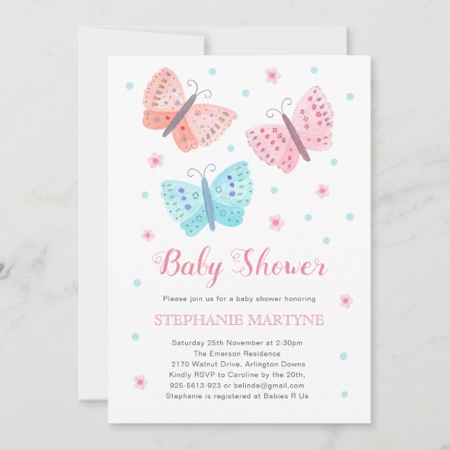 Invitation Aquarelle papillon Baby shower aquatique rose (Devant)