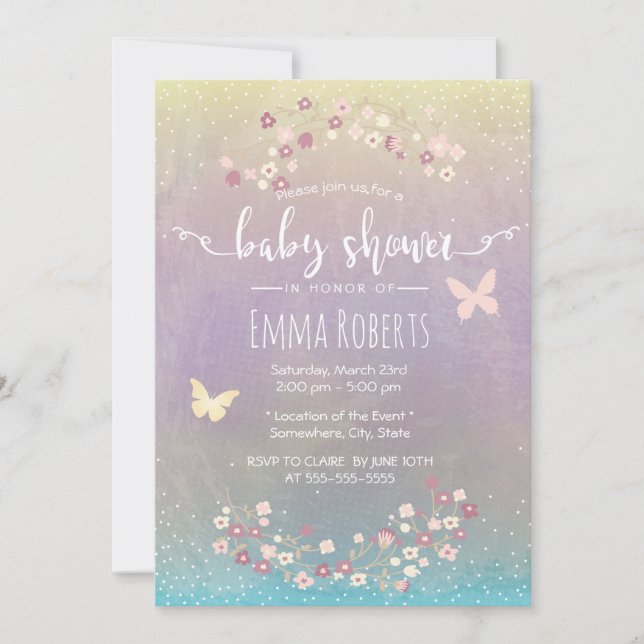 Invitation Aquarelle Papillon Baby shower floral de printemps (Devant)