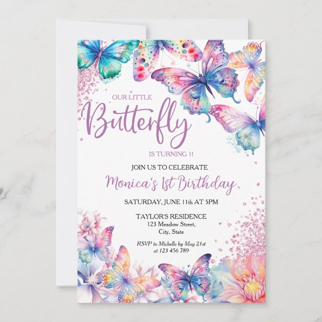Invitation Aquarelle Papillon Bébé fille 1er anniversaire (Devant)