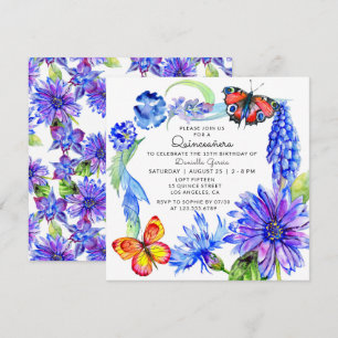 Invitation Aquarelle Papillon bleu Floral Chic Quinceañera