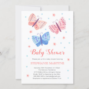 Invitation Aquarelle papillon Coral Baby shower bleu