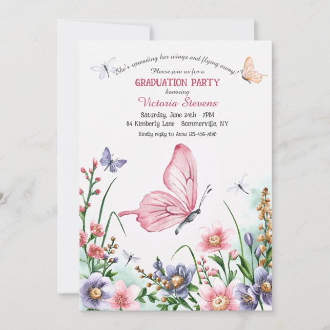 Invitation Aquarelle papillon Graduation (Devant)
