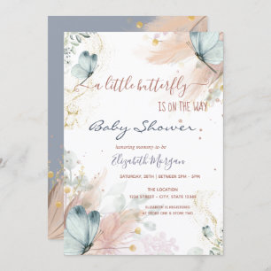 Invitation Aquarelle Papillons Bleus Pampas Grass
