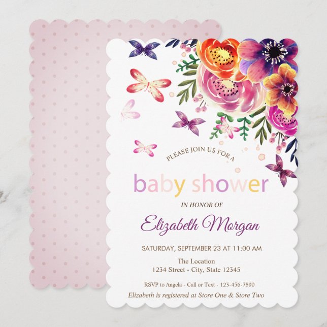 Invitation Aquarelle Papillons Points Baby shower Floral (Devant / Derrière)