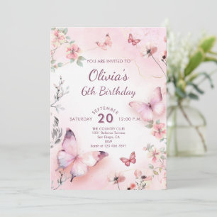 Invitation Aquarelle Papillons rose Floral Girl Anniversaire