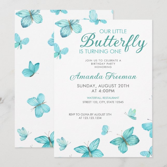 Invitation Aquarelle Papillons Turquoises mignons 1er anniver (Devant / Derrière)