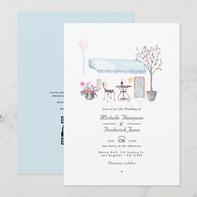 Invitation Aquarelle Paris QR Code RSVP Mariage (Devant / Derrière)
