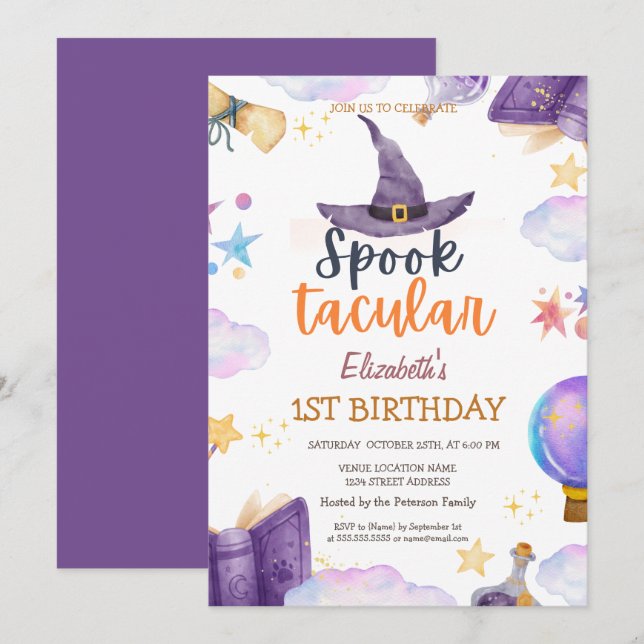 Invitation Aquarelle Parlée Taculaire Halloween Anniversaire (Devant / Derrière)