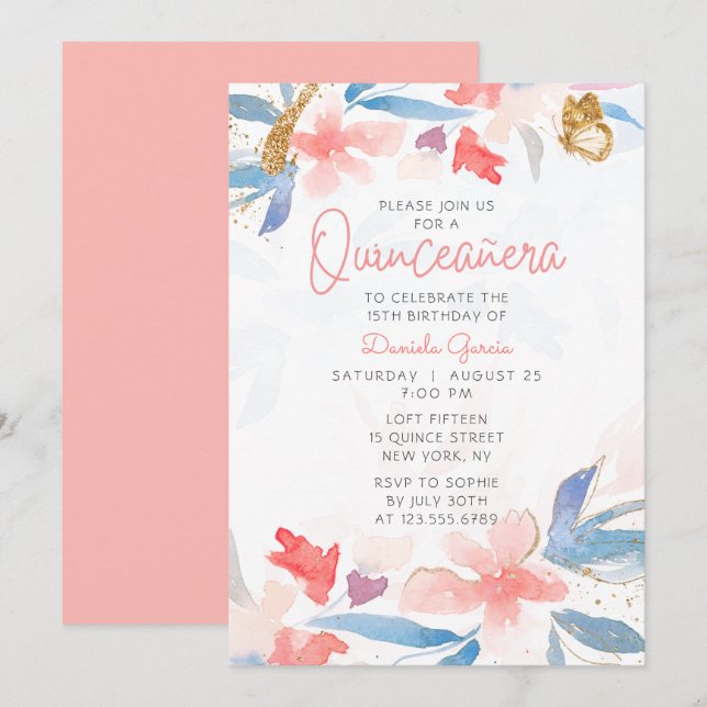 Invitation Aquarelle Parties scintillant florale Papillon Qui (Devant / Derrière)