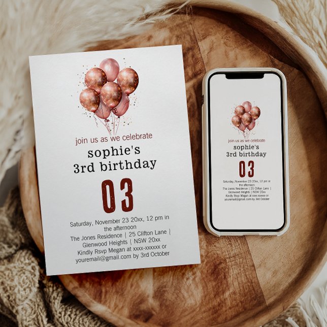 Invitation Aquarelle Parties scintillant Rose Gold ballon 3e  (Créateur téléchargé)