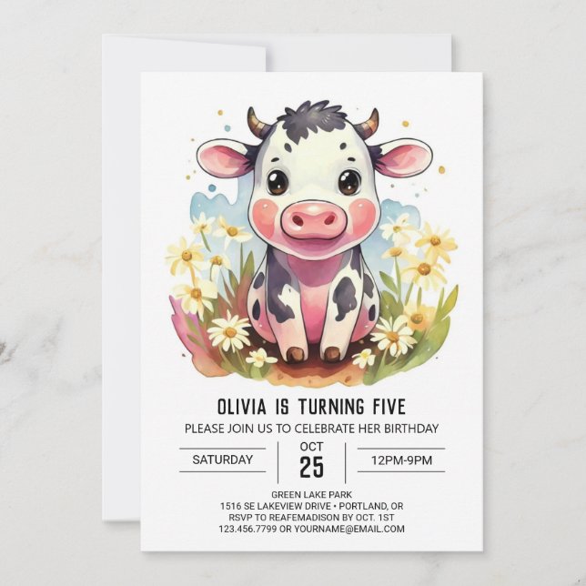 Invitation Aquarelle Pastel Barnyard Vache Anniversaire (Devant)