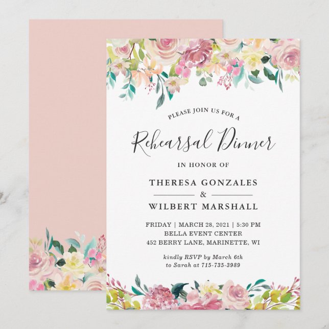 Invitation Aquarelle Pastel Blush Floral Rehearer Dîner (Devant / Derrière)