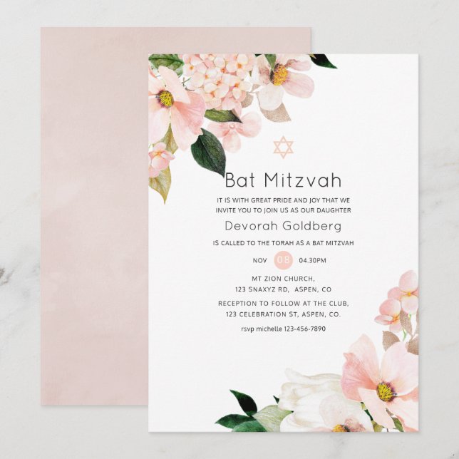 Invitation Aquarelle Pastel Blush rose Bat mitzvah (Devant / Derrière)