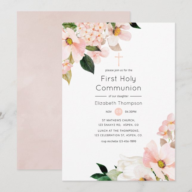 Invitation Aquarelle Pastel Blush Rose Floral Sainte Communio (Devant / Derrière)