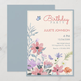 Invitation Aquarelle pastel fleurs papillon anniversaire