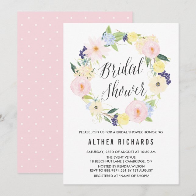 Invitation Aquarelle Pastel Floral Wreath Fête des mariées (Devant / Derrière)
