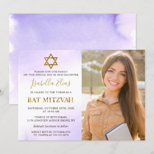 Invitation Aquarelle Pastel Purple Gold Bat mitzvah Photo