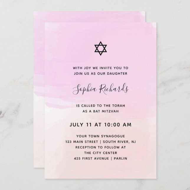 Invitation Aquarelle Pastel rose et violet | Bat mitzvah (Devant / Derrière)