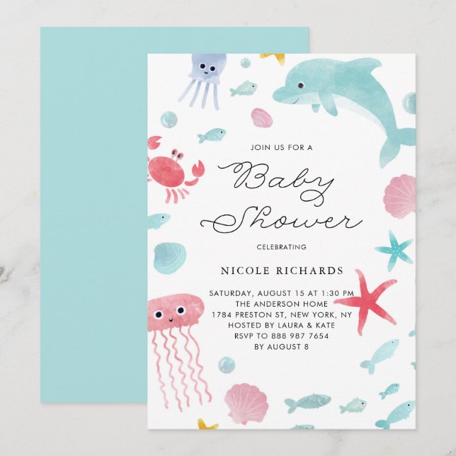 Invitation Aquarelle Pastel sous le Baby shower marin (Devant / Derrière)