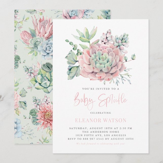 Invitation Aquarelle Pastel Succulents Baby Sprinkel (Devant / Derrière)