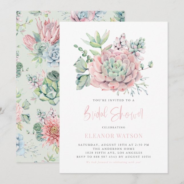 Invitation Aquarelle Pastel Succulents Fête des mariées (Devant / Derrière)
