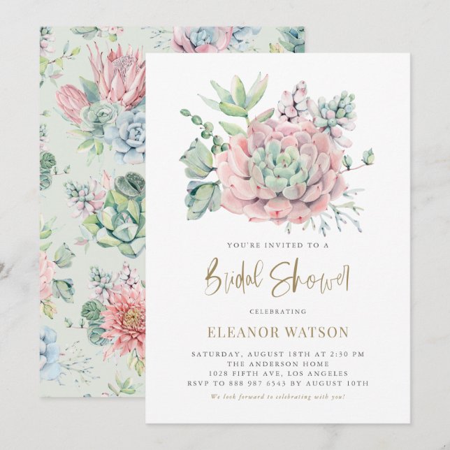Invitation Aquarelle Pastel Succulents Fête des mariées d'été (Devant / Derrière)