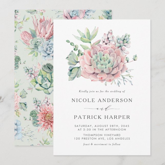 Invitation Aquarelle Pastel Succulents Mariage (Devant / Derrière)